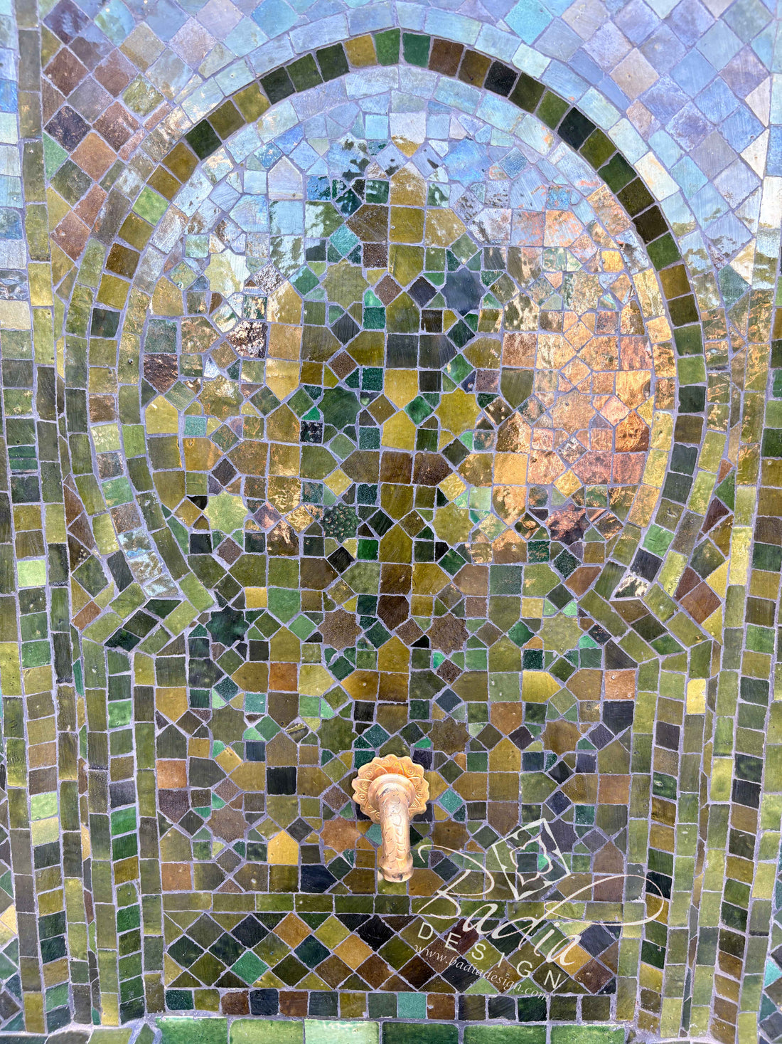 Closeup of a Moroccan Multi-Shade Green Mosaic Fountain