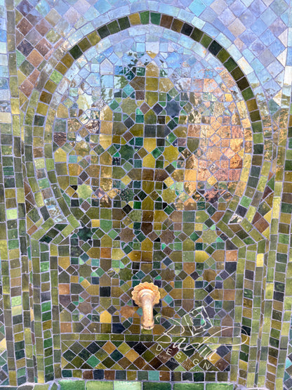 Closeup of a Moroccan Multi-Shade Green Mosaic Fountain