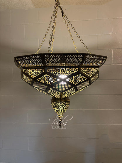 Multi-Tiered Brass Chandelier with Geometric Designs