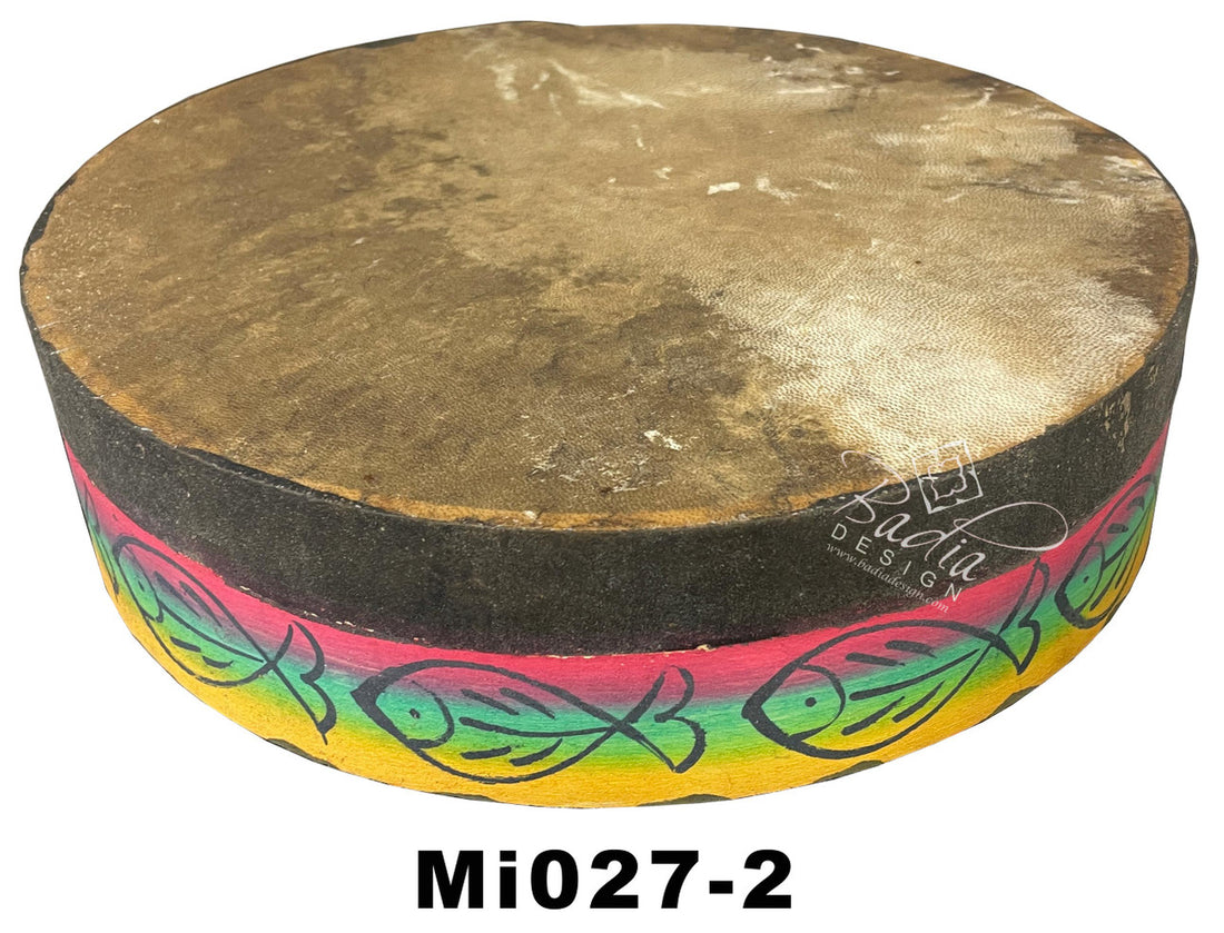 Traditional drum with colorful rim design on a white background