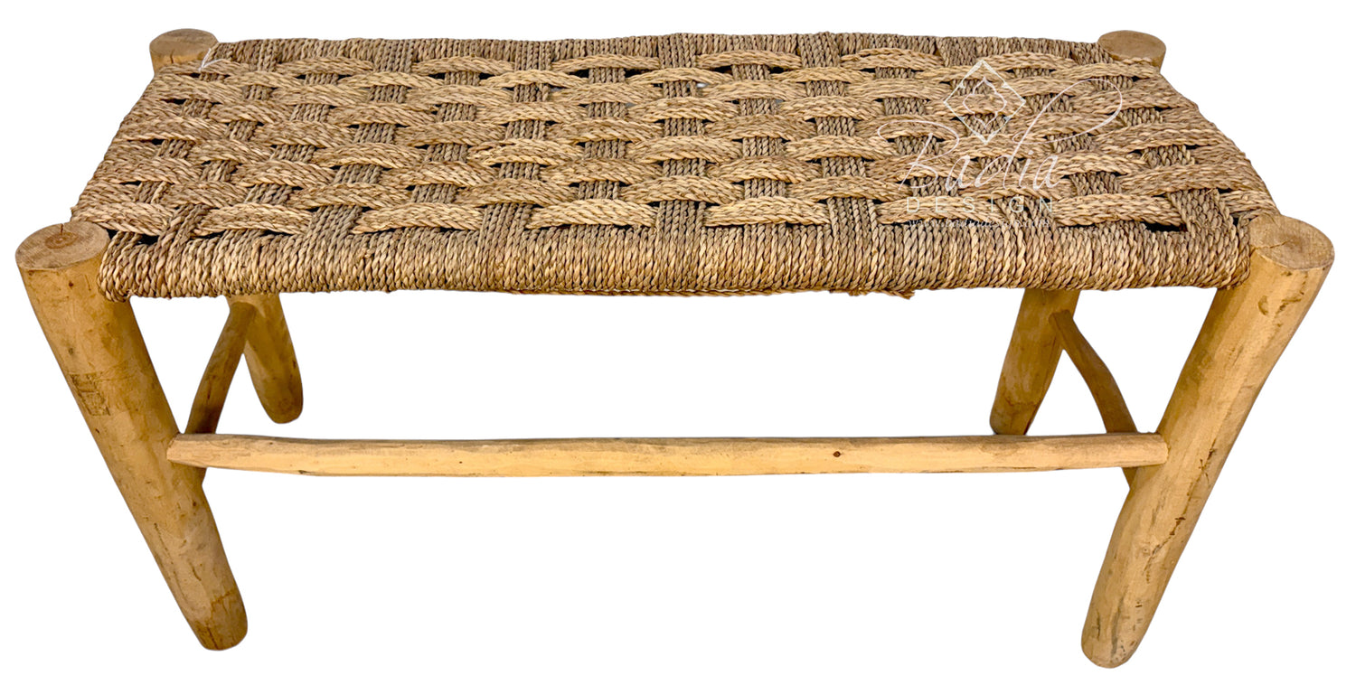Moroccan Natural Wood Bench with Woven Rope Seat