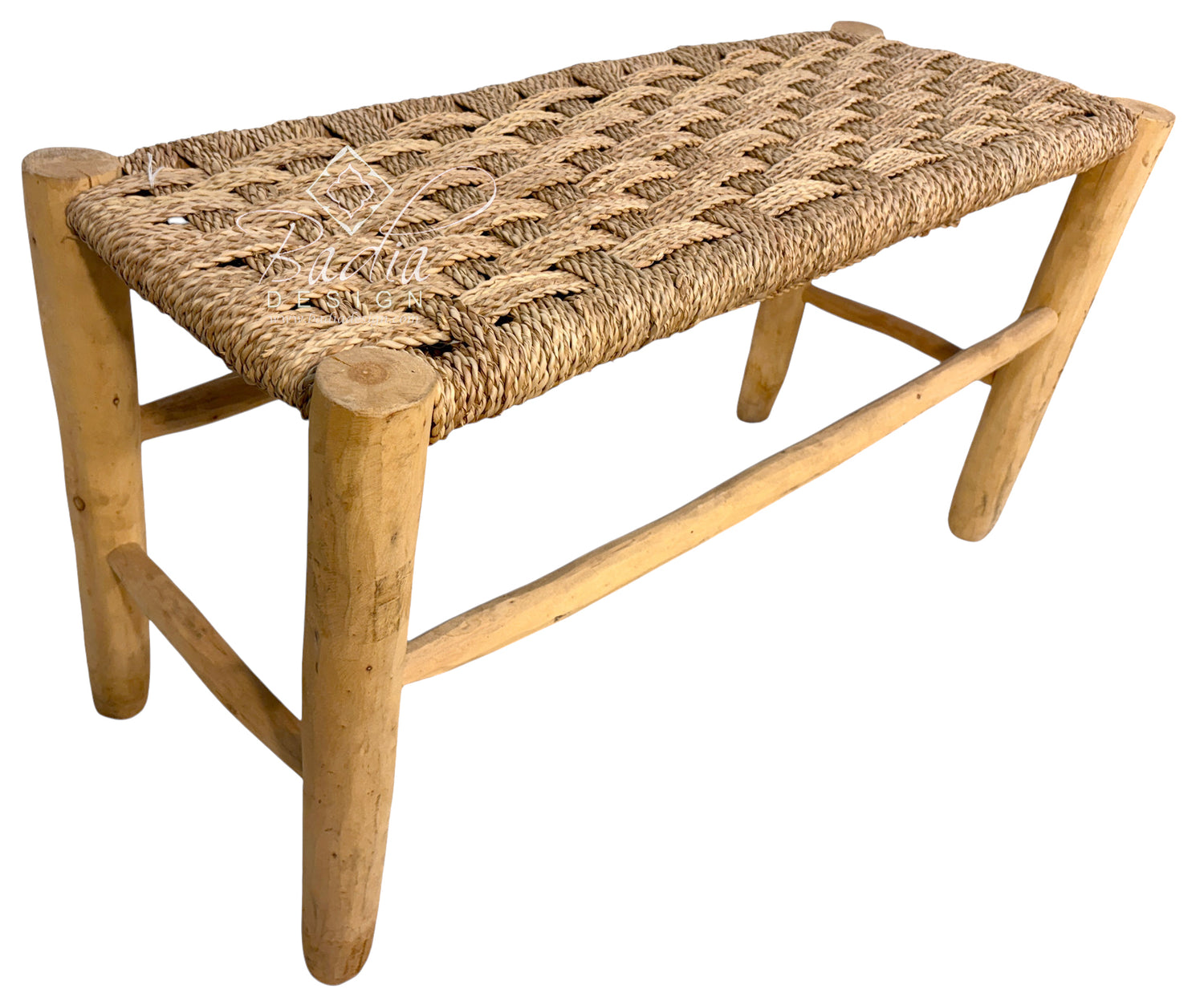 Moroccan Natural Wood Bench with Woven Rope Seat