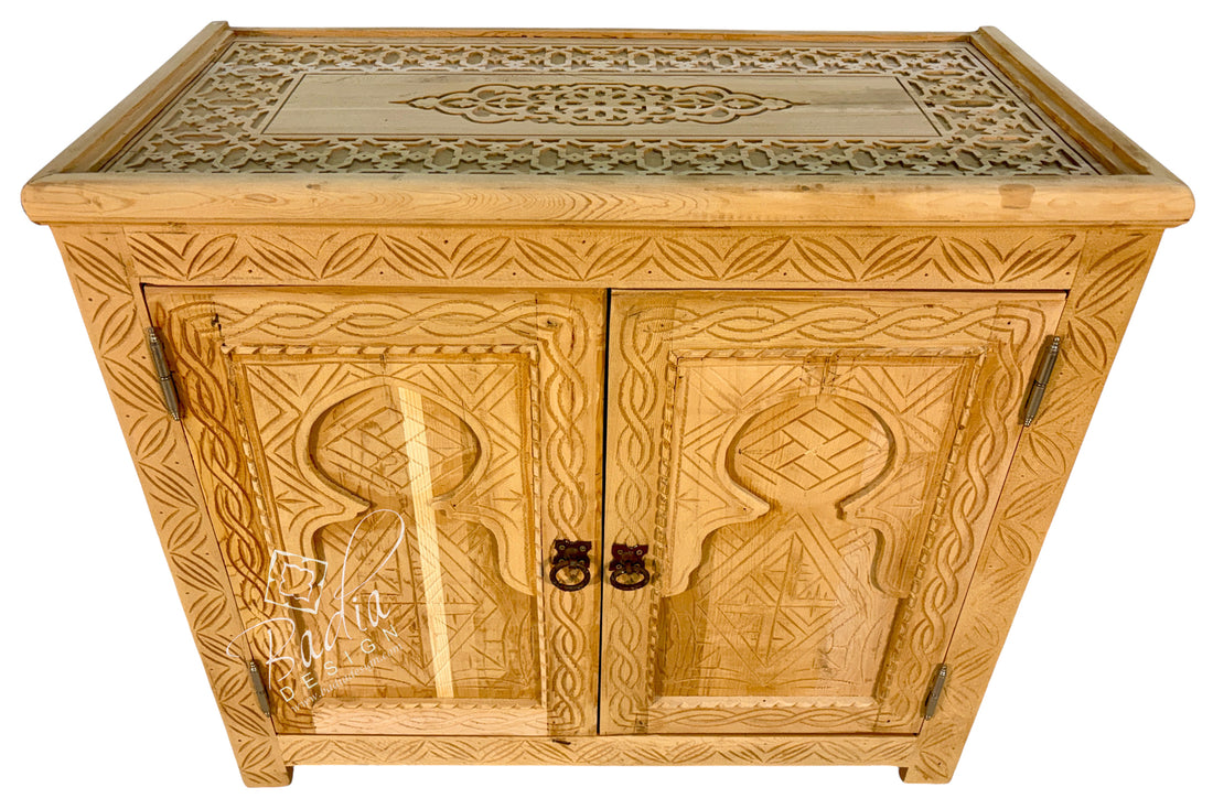 Natural color hand carved cabinet with two doors