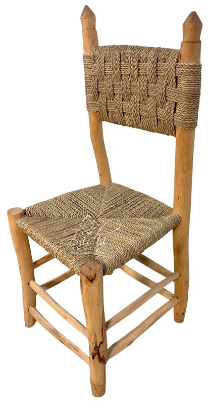 Moroccan Natural Wood Chair with Woven Rope Seat and Back