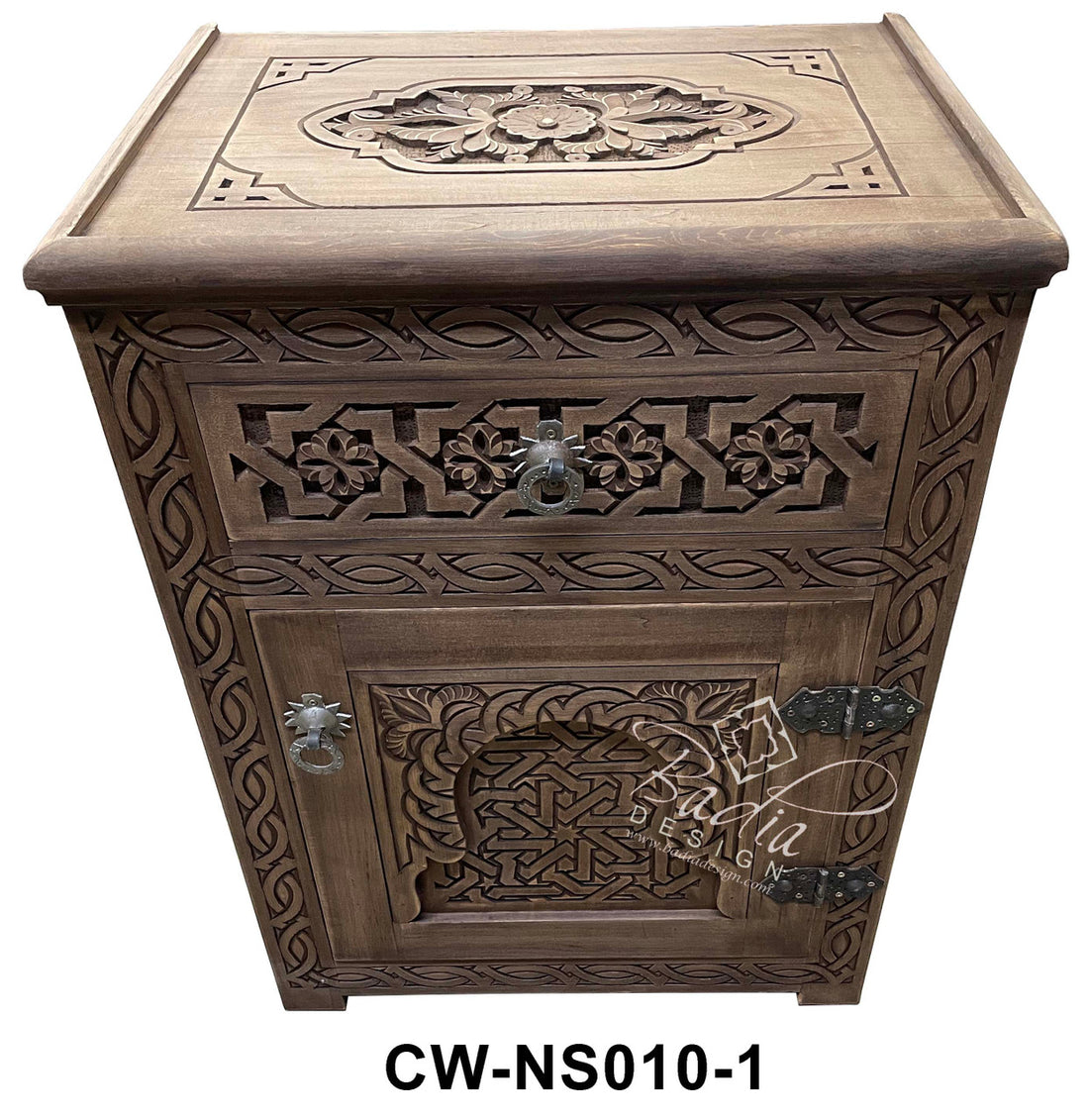 Stained Hand Carved Wooden Nightstand