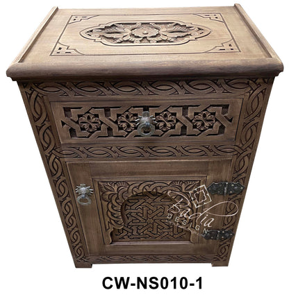 Stained Hand Carved Wooden Nightstand