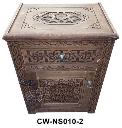 Stained Hand Carved Wooden Nightstand