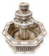 An ornate octagonal stone fountain with tiered levels and intricate geometric mosaic inlay in beige, brown, black, and white, shown on a plain white background.