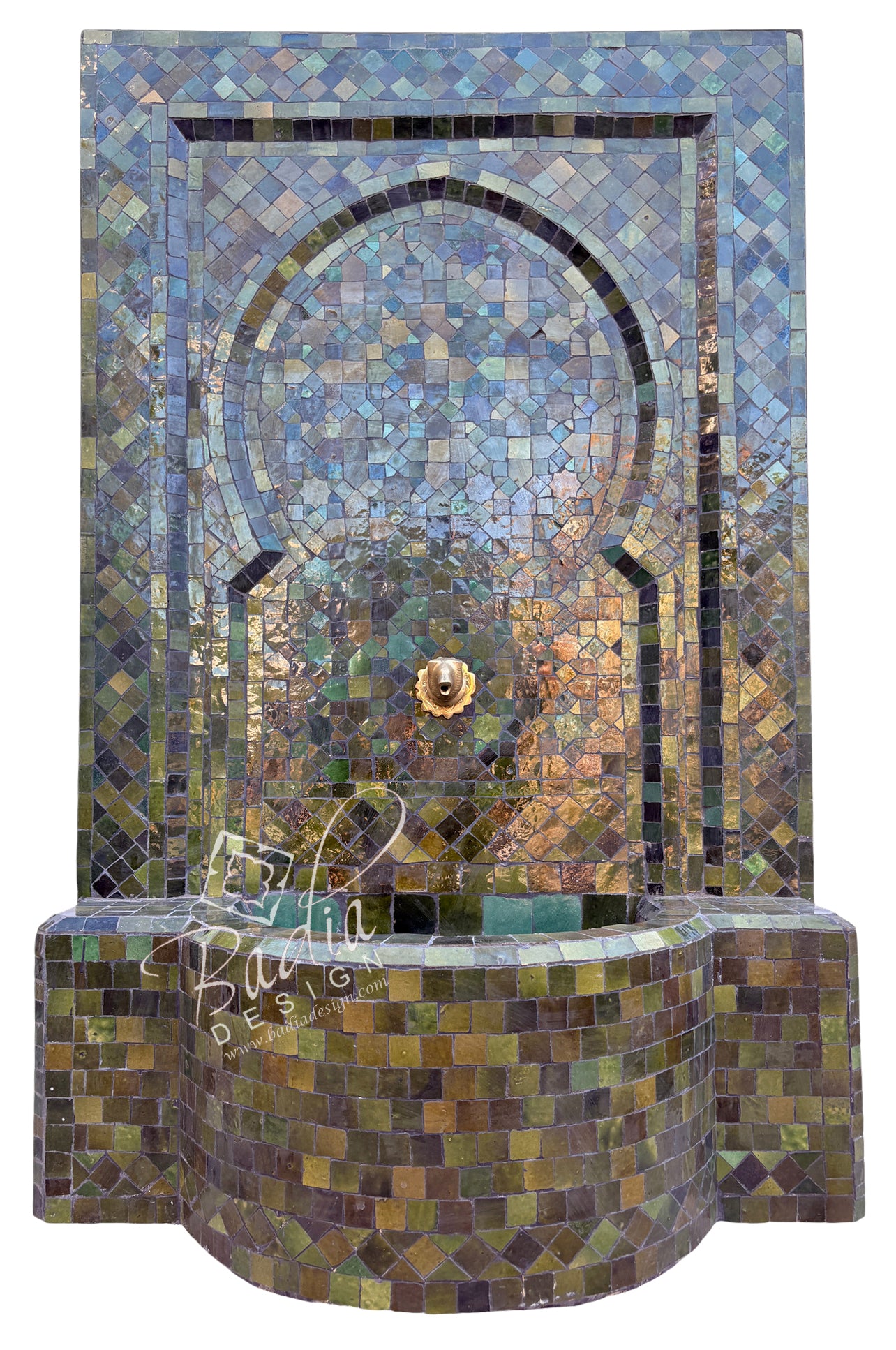 A Moorish-style mosaic fountain wall and basin with iridescent blue, green, and gold tilework, shown against a plain white background.