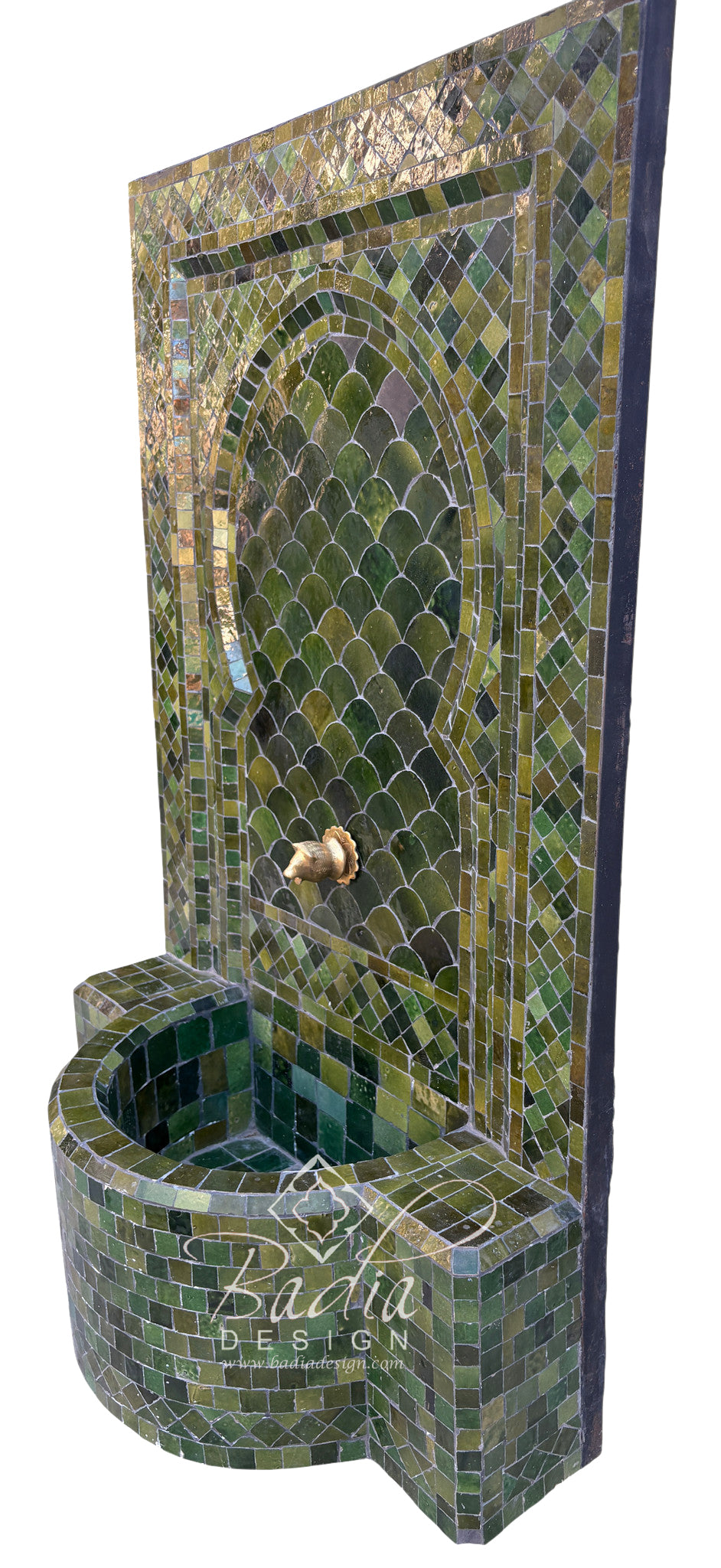 Side View of a Moroccan Olive Green Zellige Tile Water Fountain