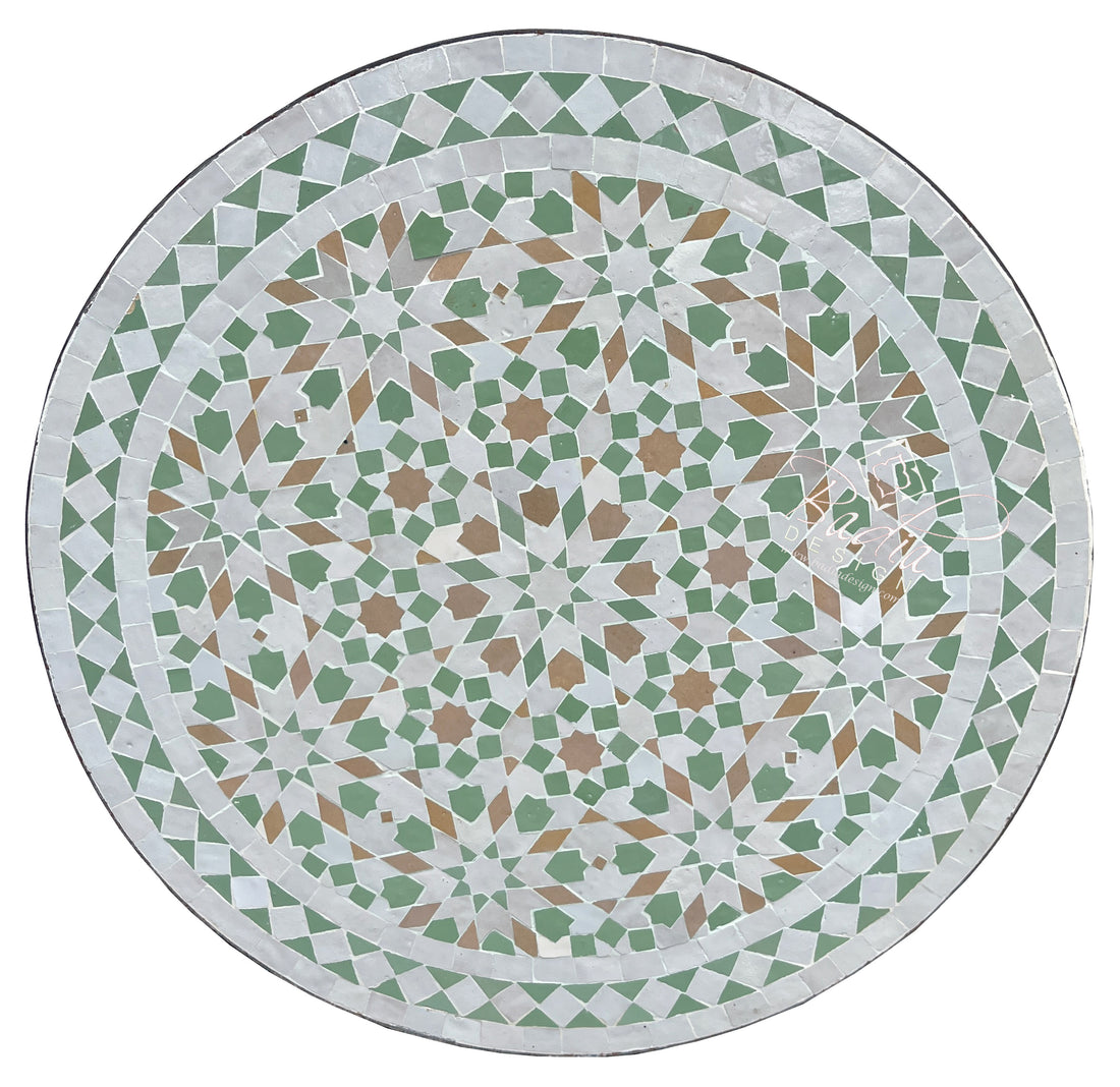 Round Green and White Moroccan Tile Table Top