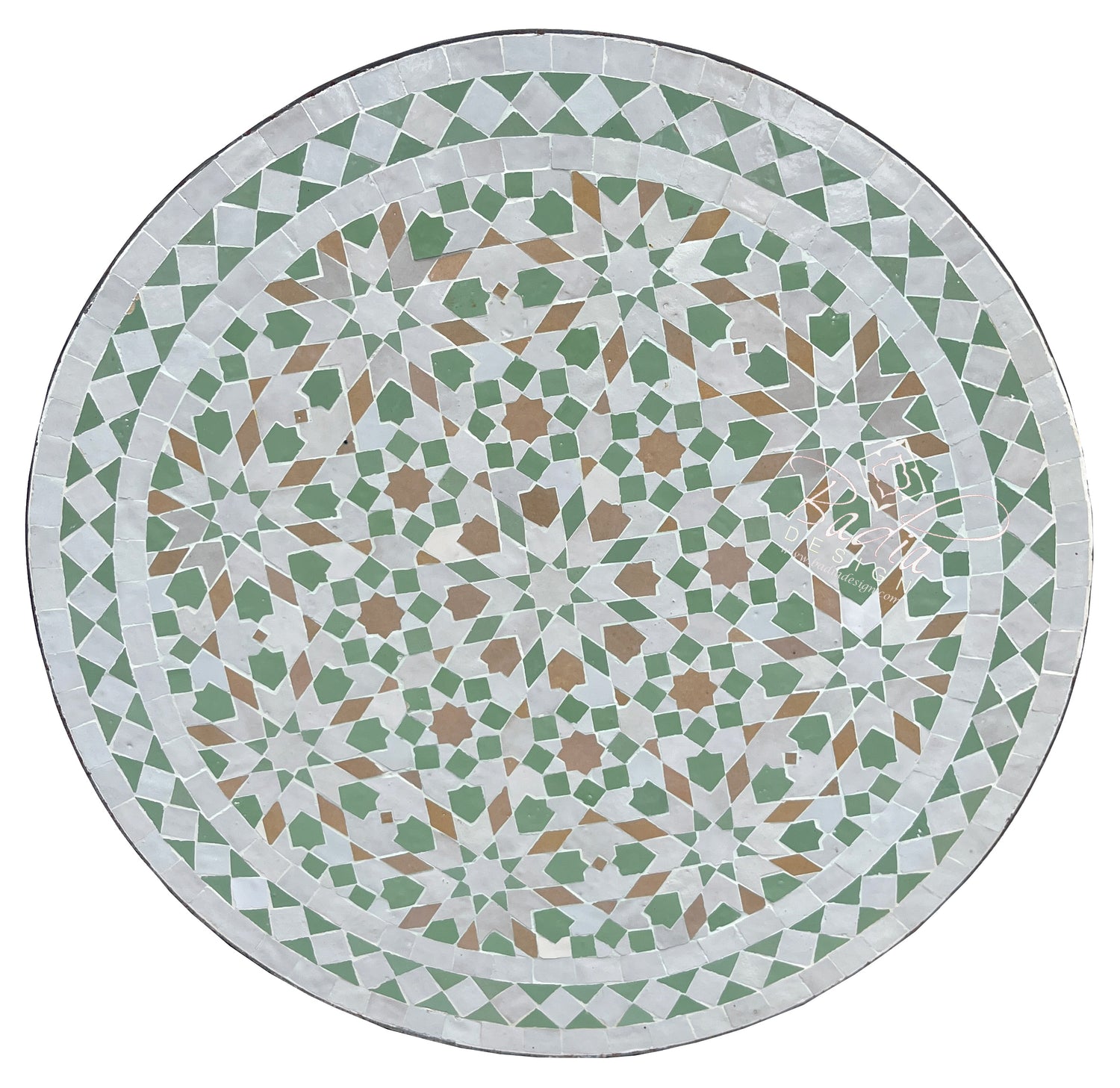 Round Green and White Moroccan Tile Table Top
