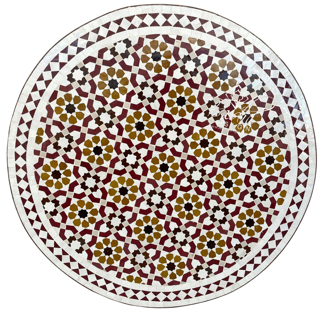 Round Moroccan Brown and White Intricately Designed Tile Table Top