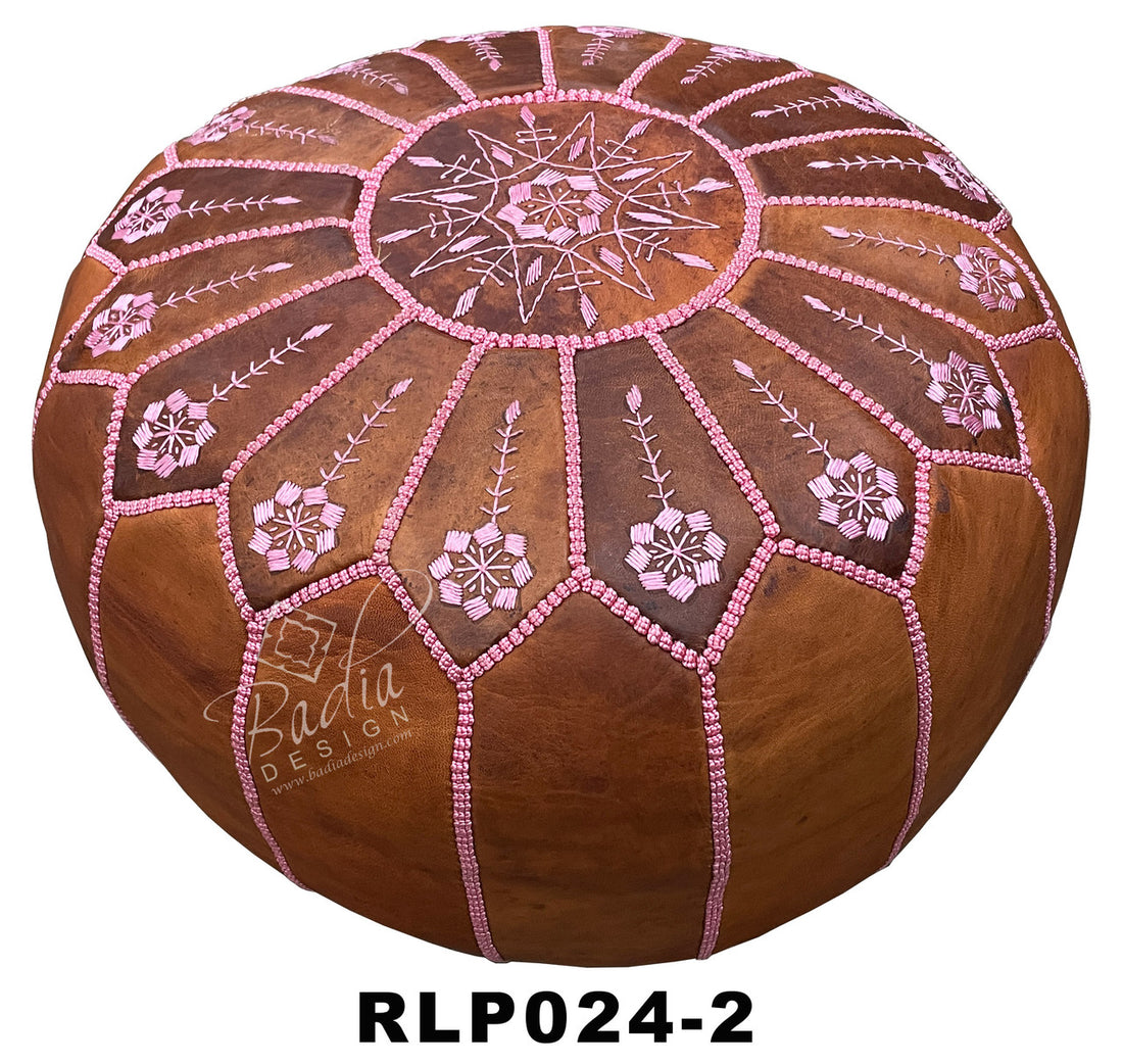Round Moroccan Leather Pouf with Color Stitching