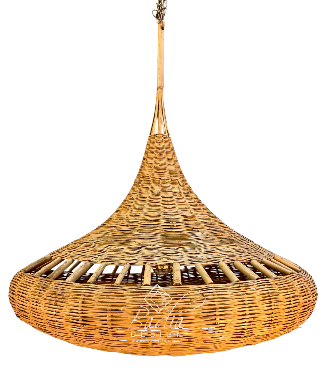 A large woven wicker pendant chandelier in a natural light brown color, suspended by a metal rod with a decorative finial, shown against a plain white background. Moroccan Raffia Hanging Lantern with Woven Natural Fiber Design