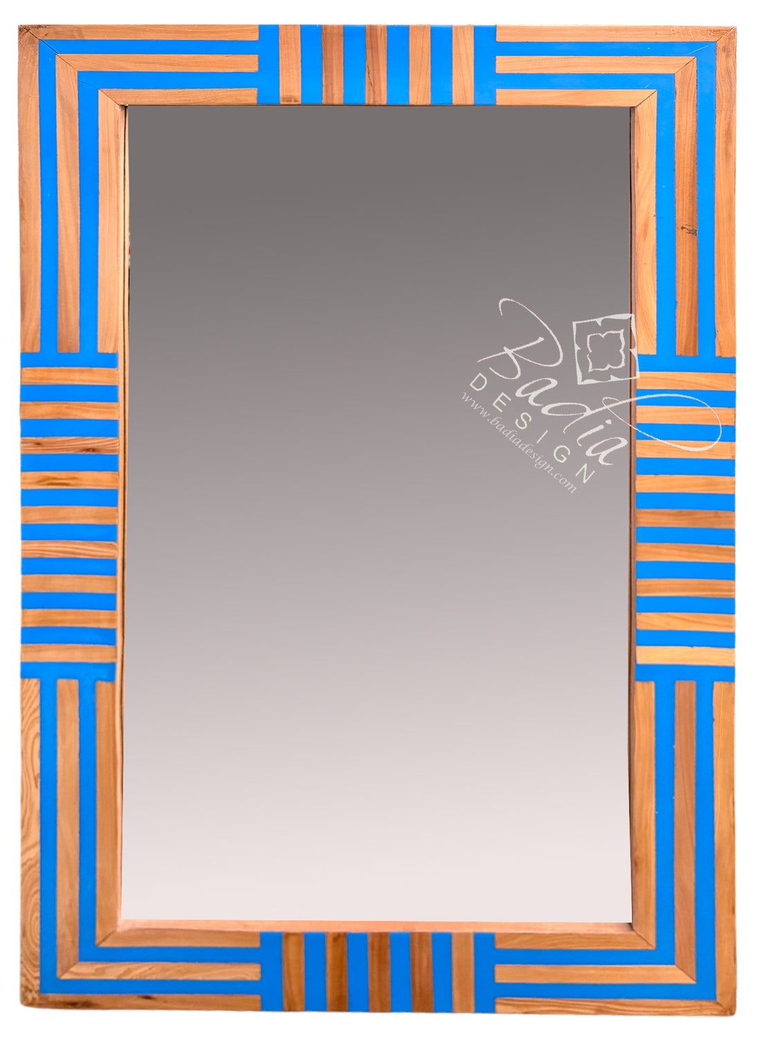 A rectangular wall mirror with a decorative geometric frame featuring alternating vertical stripes of bright blue and natural wood tones.