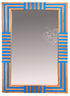 A rectangular wall mirror with a decorative geometric frame featuring alternating vertical stripes of bright blue and natural wood tones.