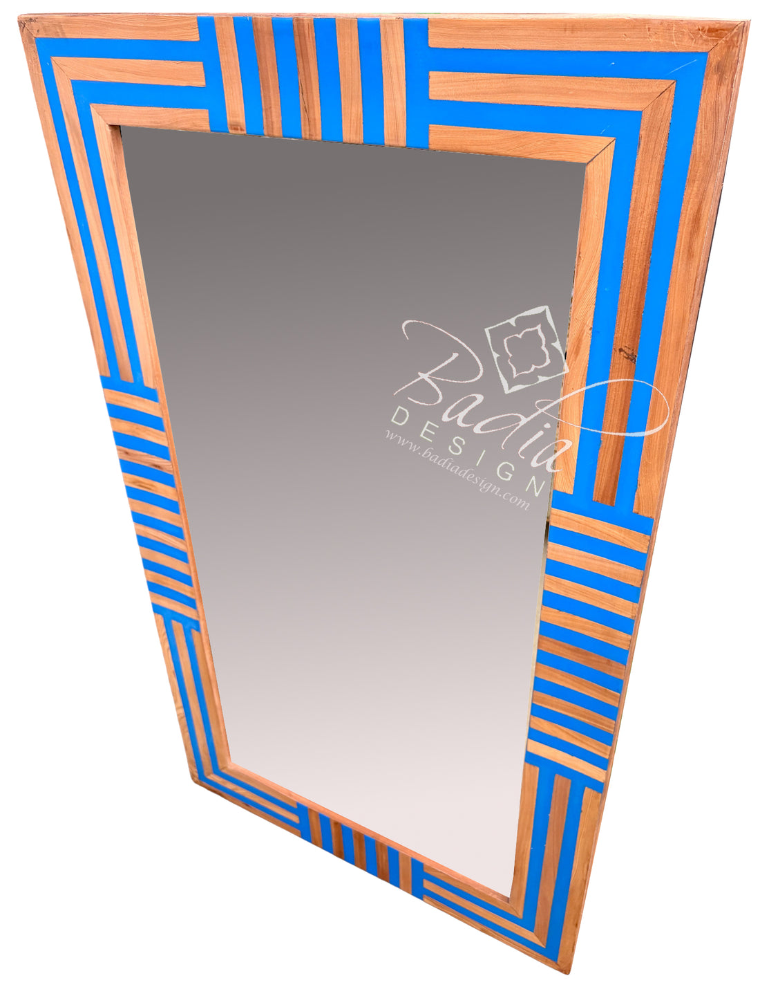 A rectangular wall mirror with a geometric frame featuring alternating blue and light wood stripes, shown on a plain white background with a watermark.