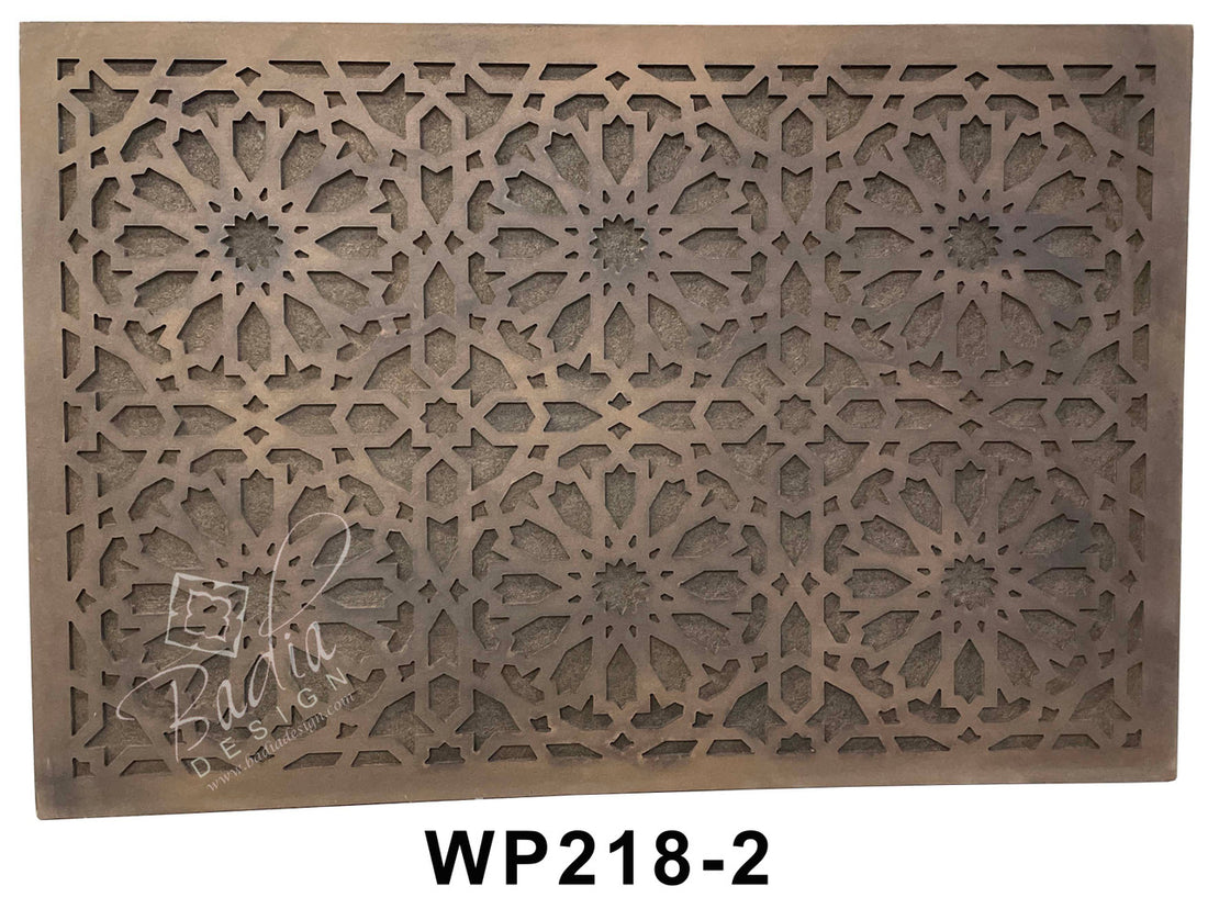 Decorative metal grille with intricate geometric pattern and &