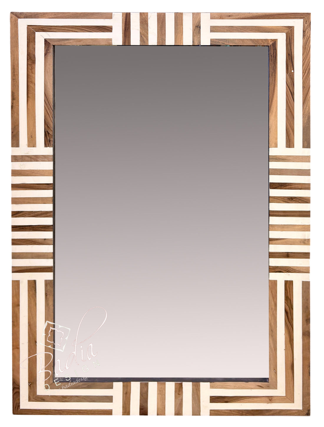 A rectangular wall mirror with a decorative geometric frame made of alternating light beige and medium brown wood stripes, shown against a plain white background.