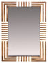 A rectangular wall mirror with a decorative geometric frame made of alternating light beige and medium brown wood stripes, shown against a plain white background.