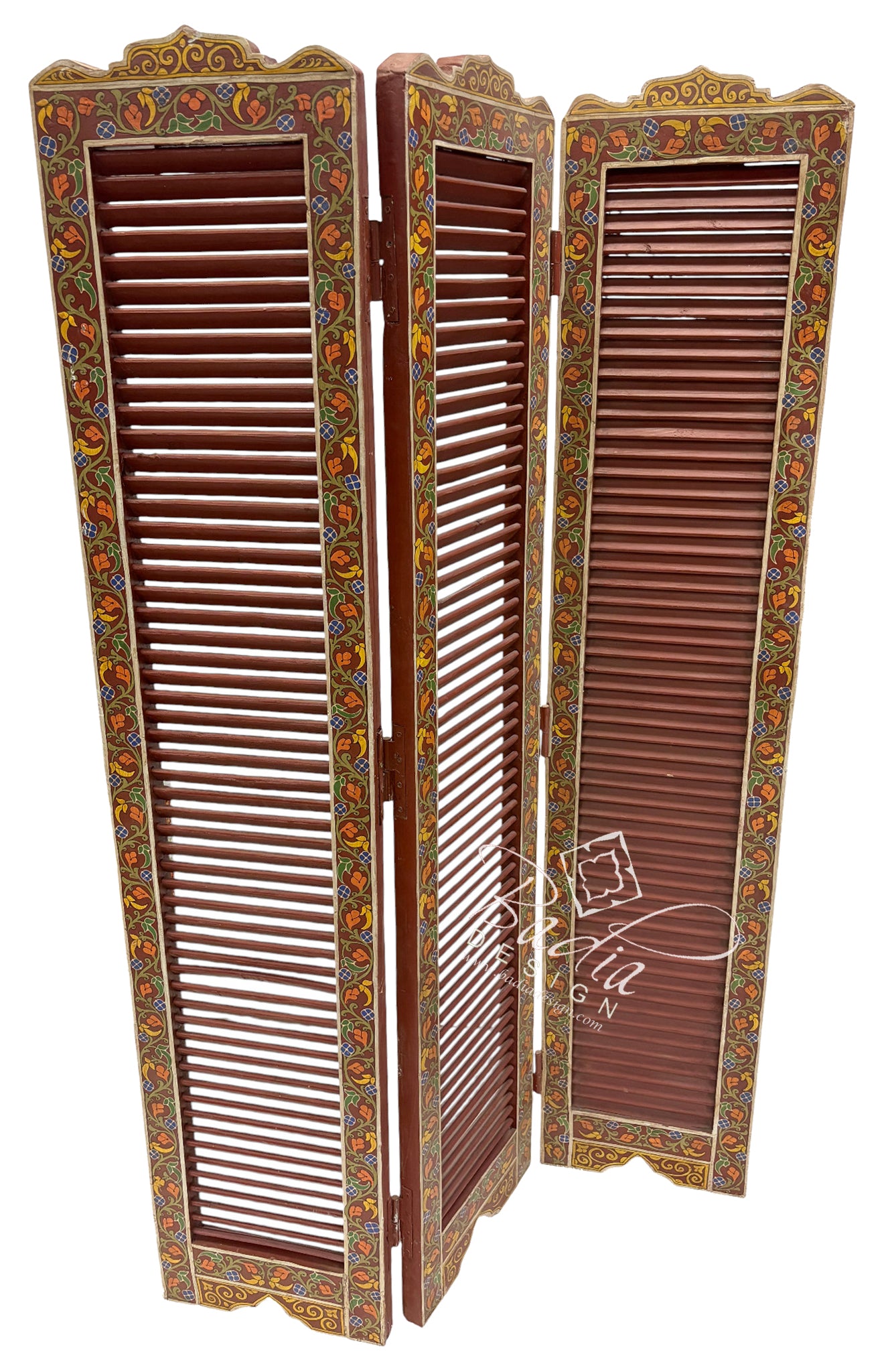 A three-panel folding screen with reddish-brown louvered panels and ornate multicolor floral borders in gold, green, and red, shown on a plain white background.