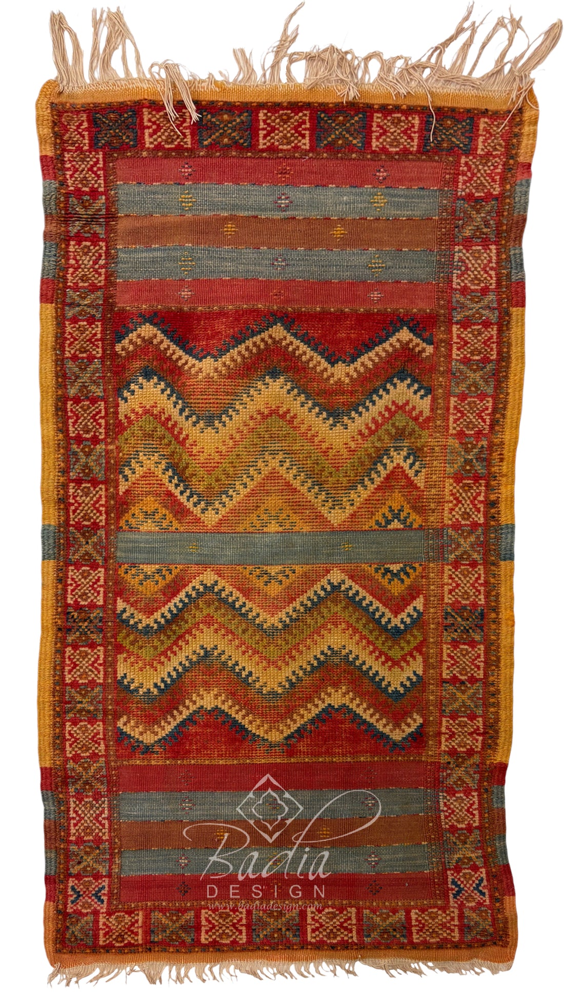 Moroccan red multi-color rug with Berber tribal designs.