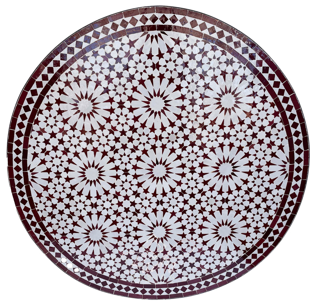 Round Brick Red and White Moroccan Mosaic Tile Table Top