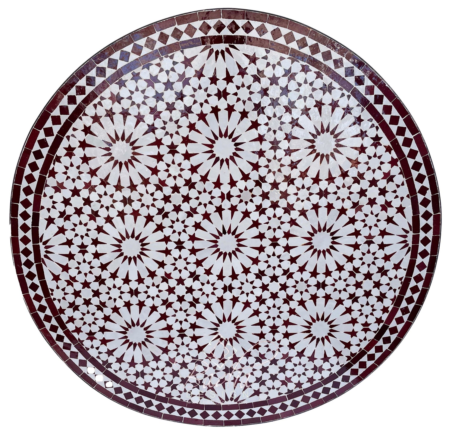 Round Brick Red and White Moroccan Mosaic Tile Table Top