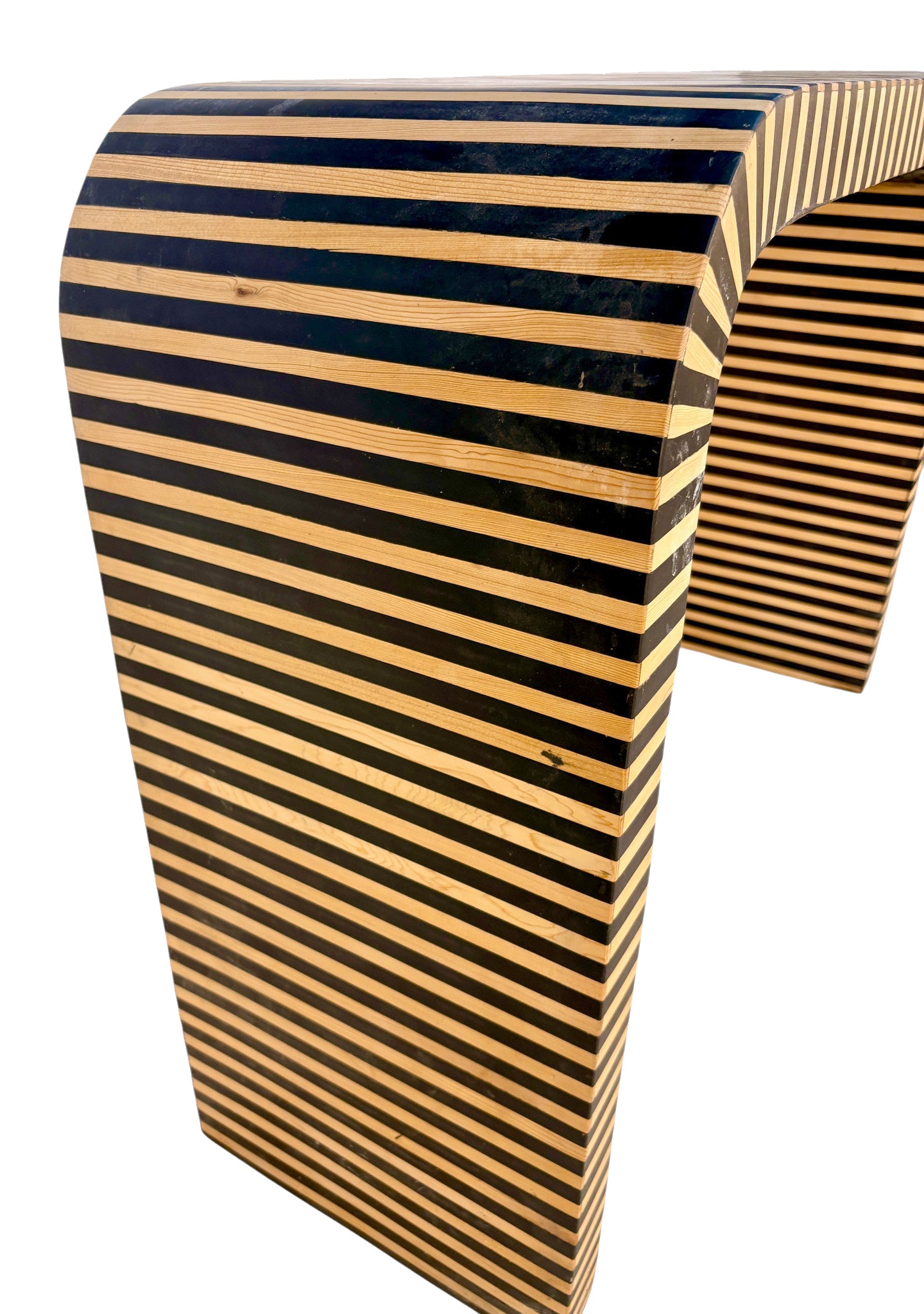 Black and Beige Striped Resin and Wood Console Table