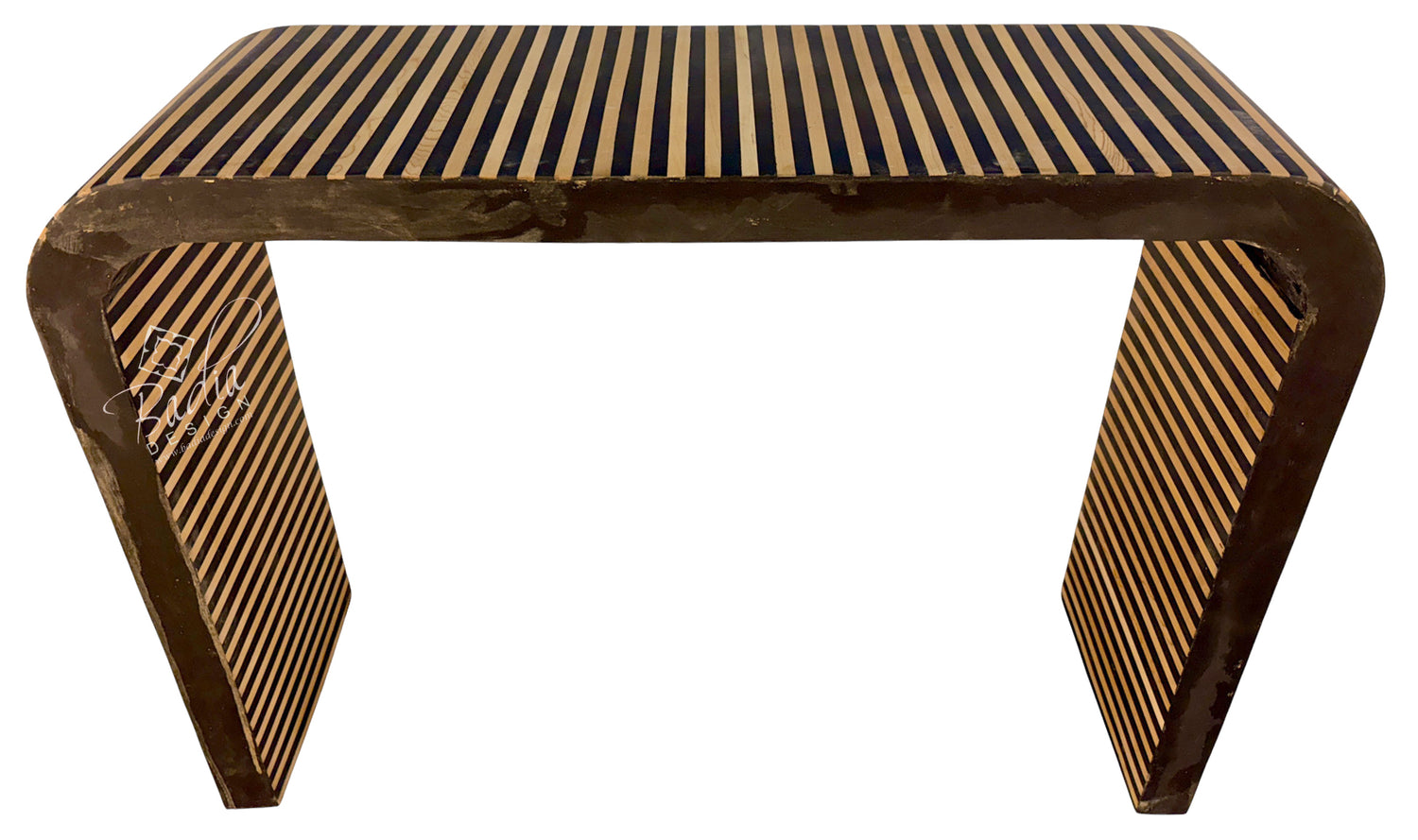 Black and Beige Striped Resin and Wood Console Table