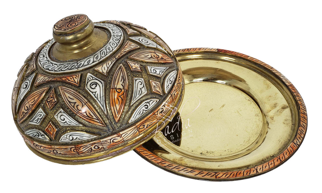 Round Moroccan Embossed Brass Tray with Bone Inlay with open lid
