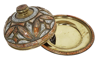 Round Moroccan Embossed Brass Tray with Bone Inlay with open lid