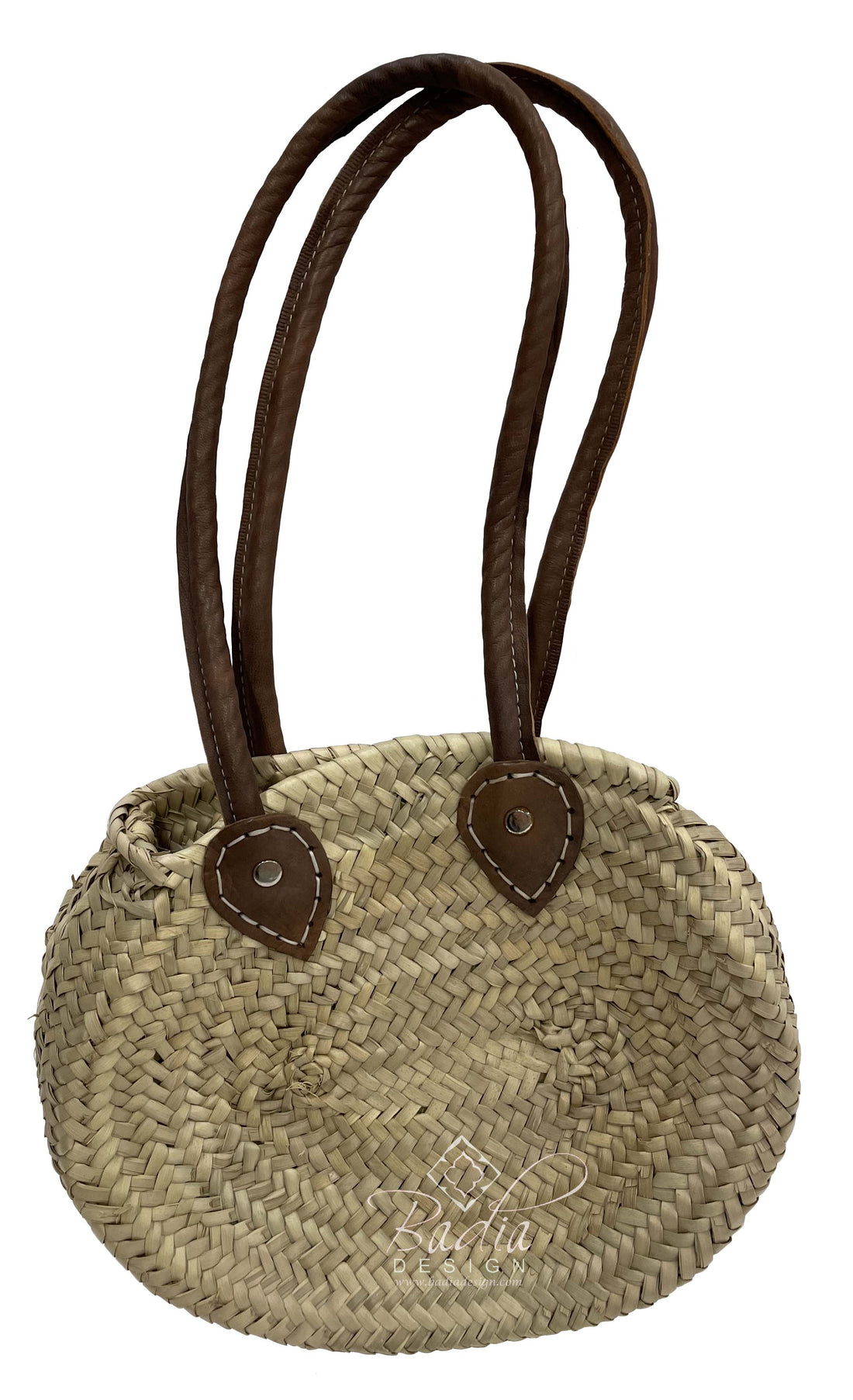 Round Handwoven Straw Basket with Leather Handle