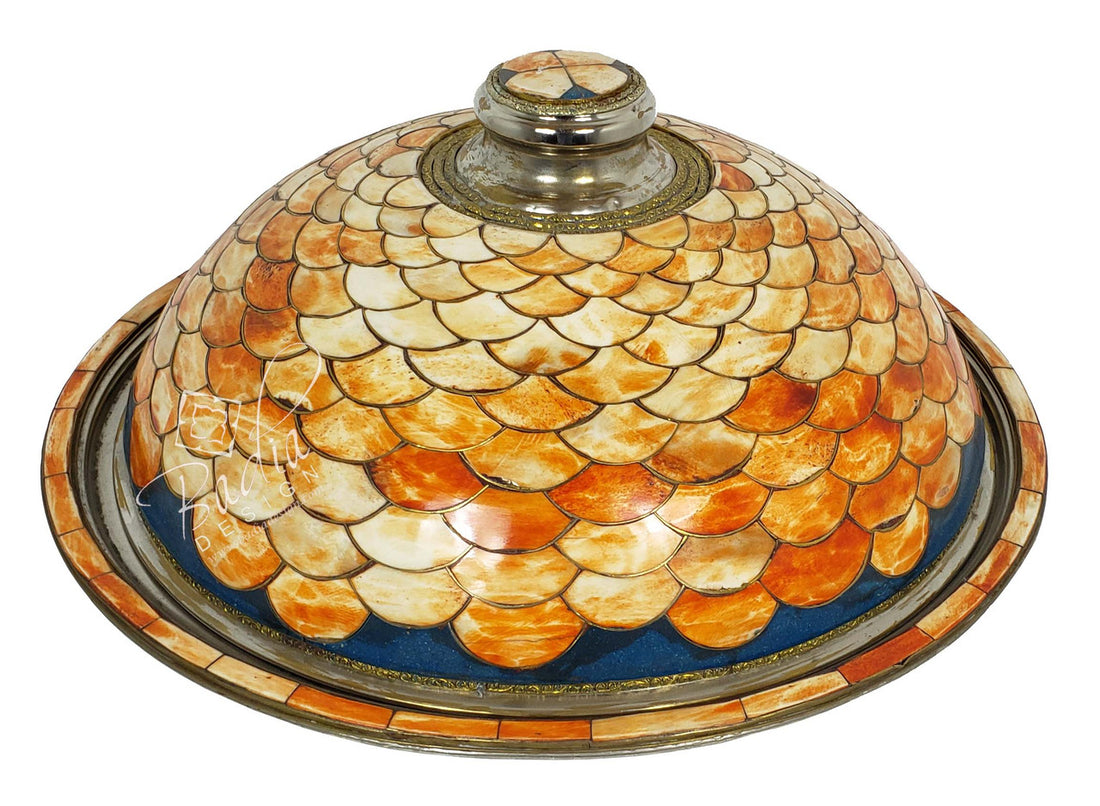 Round Moroccan Silver Metal and Orange Bone Inlay Tray