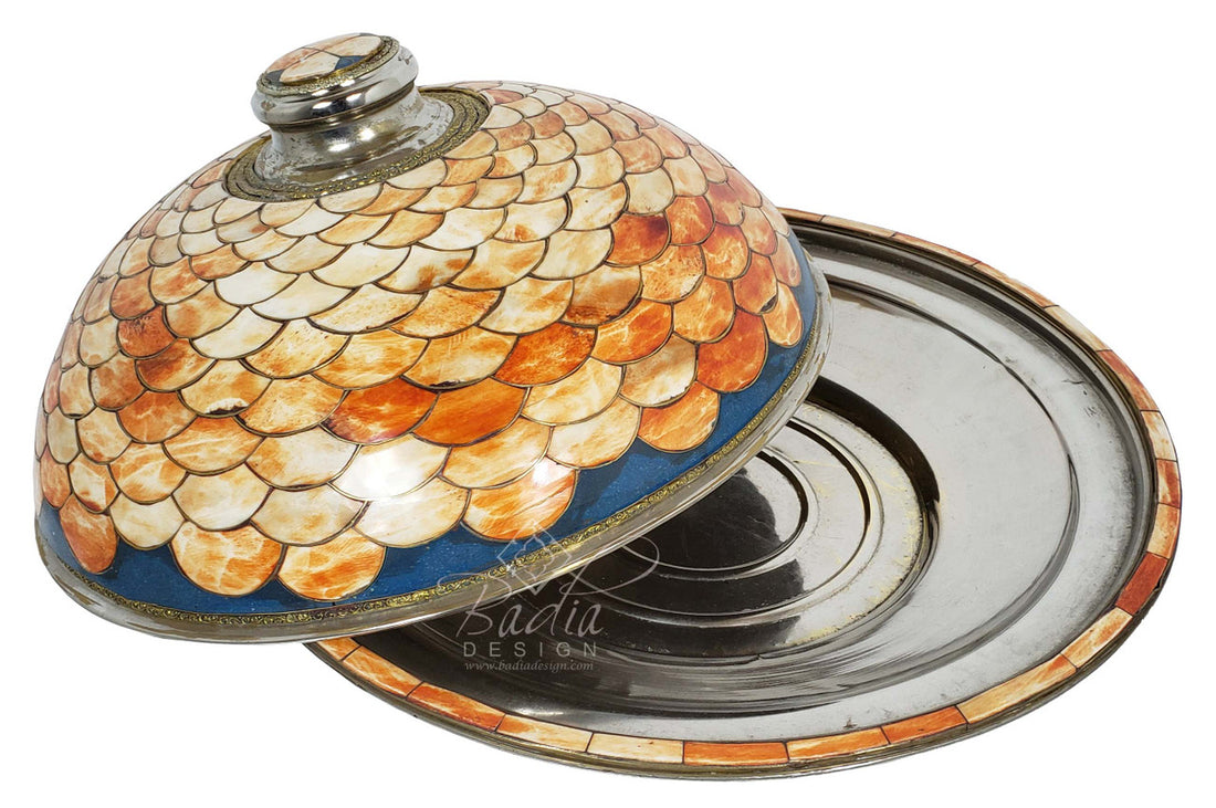 Round Moroccan Silver Metal and Orange Bone Inlay Tray