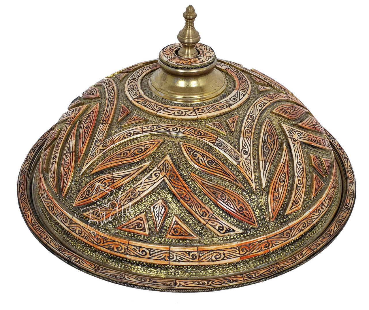 Large Round Moroccan Silver and Brass Tray with Orange Bone Inlay