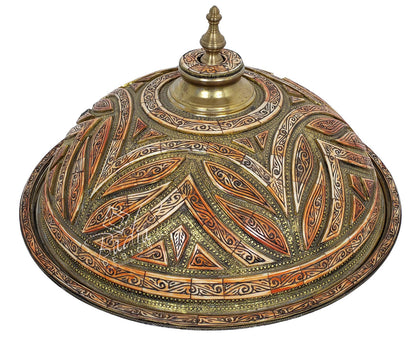 Large Round Moroccan Silver and Brass Tray with Orange Bone Inlay