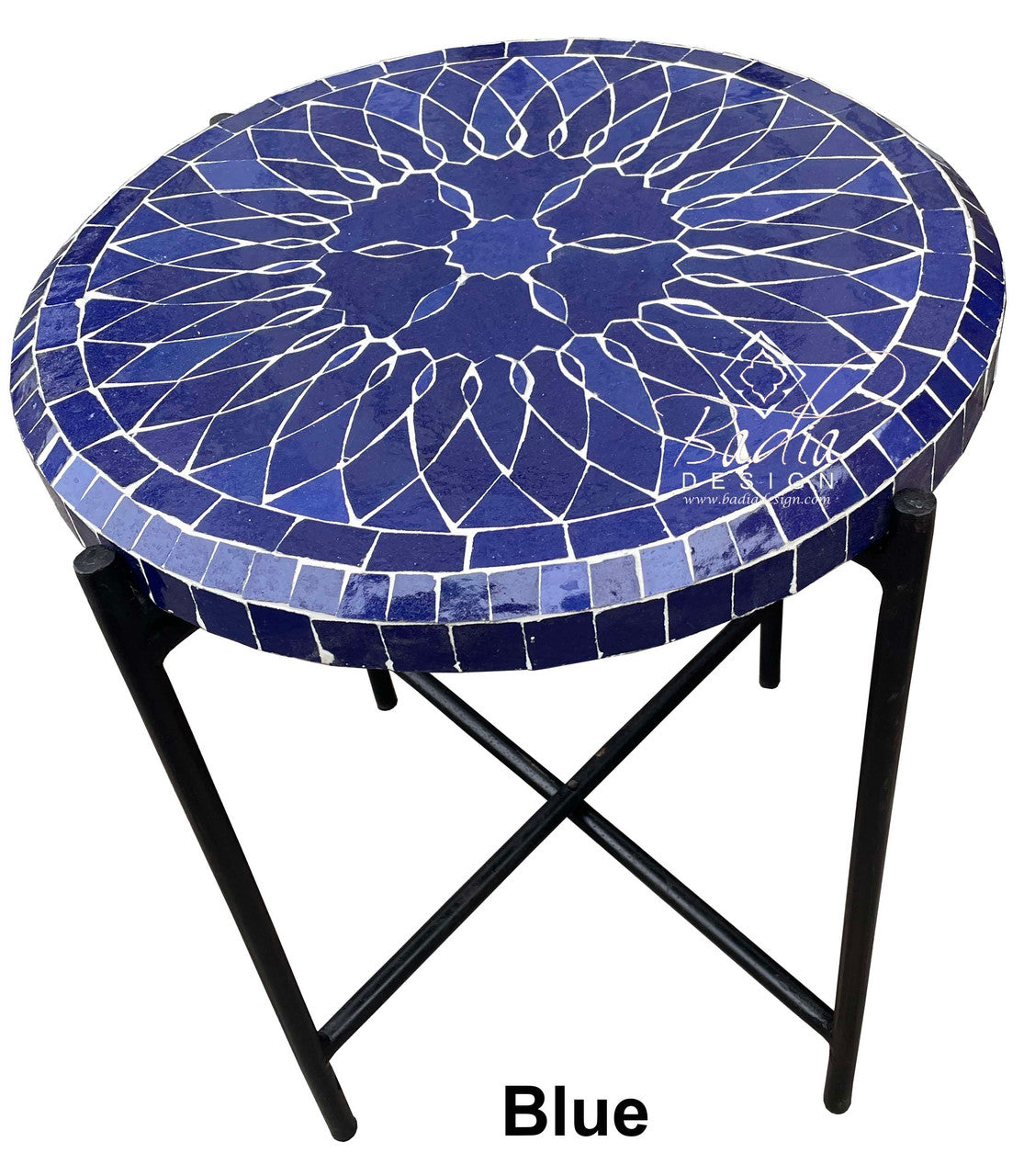 Round blue mosaic table with black legs on a white background