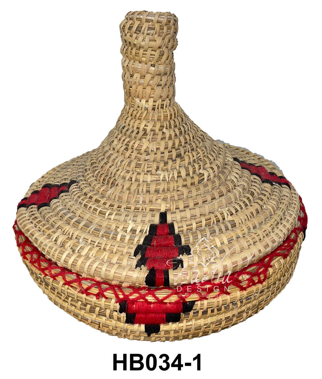 Woven basket with red and black patterns on a white background
