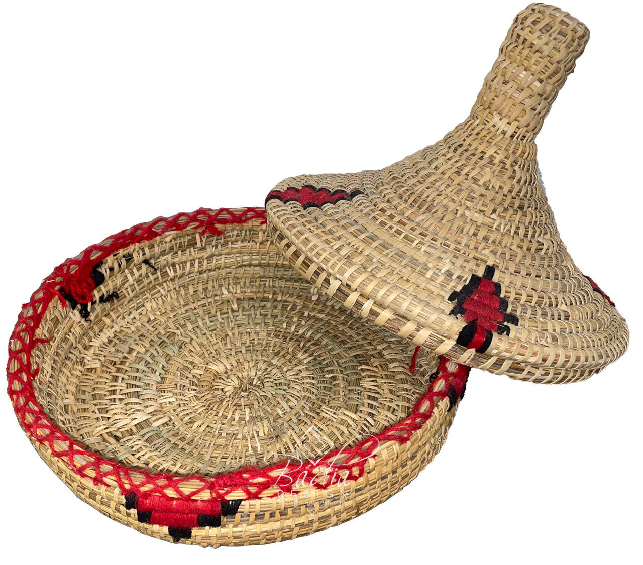 Moroccan Woven hat with red and black accents with the lid open