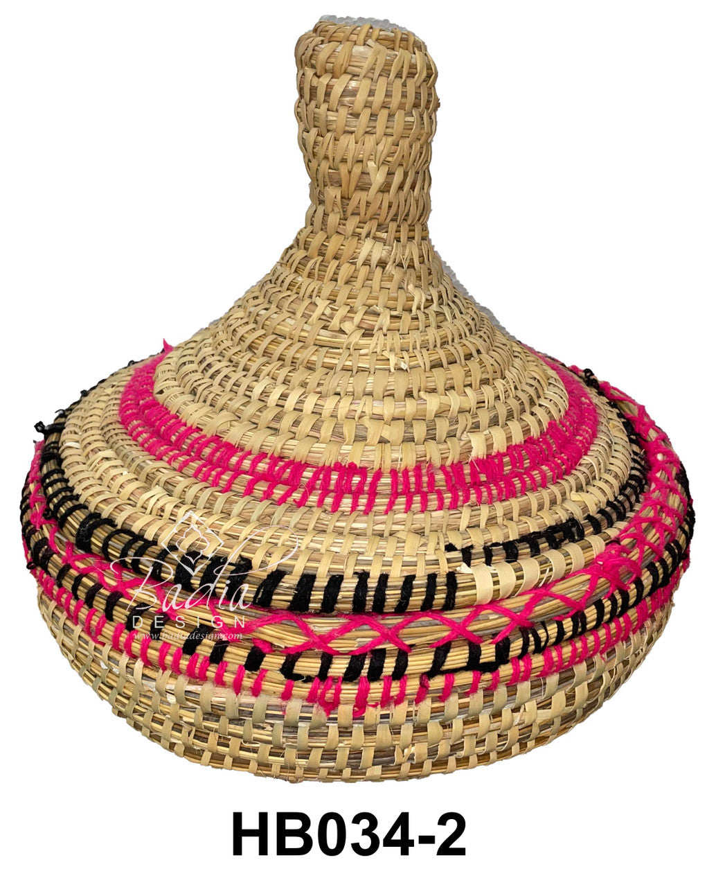 Moroccan Woven basket with pink and black accents on a white background