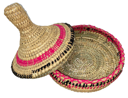 Moroccan Woven hats with pink and black accents with lid open