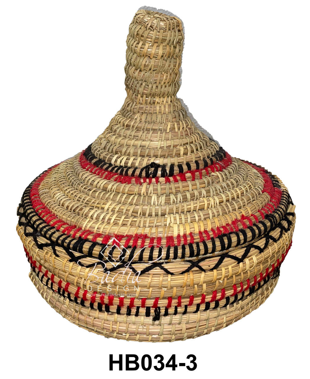 Moroccan Woven basket with red and black accents on a white background