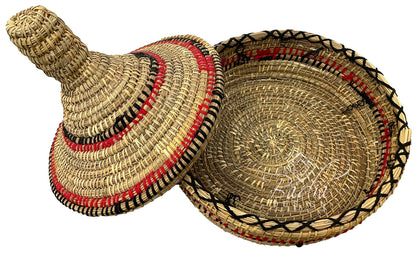 Moroccan Woven basket with a cone-shaped lid with lid open