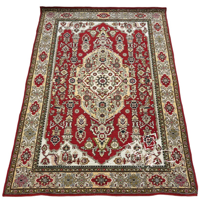 Moroccan Deep Red Rug Bordered by Cream Color Designs