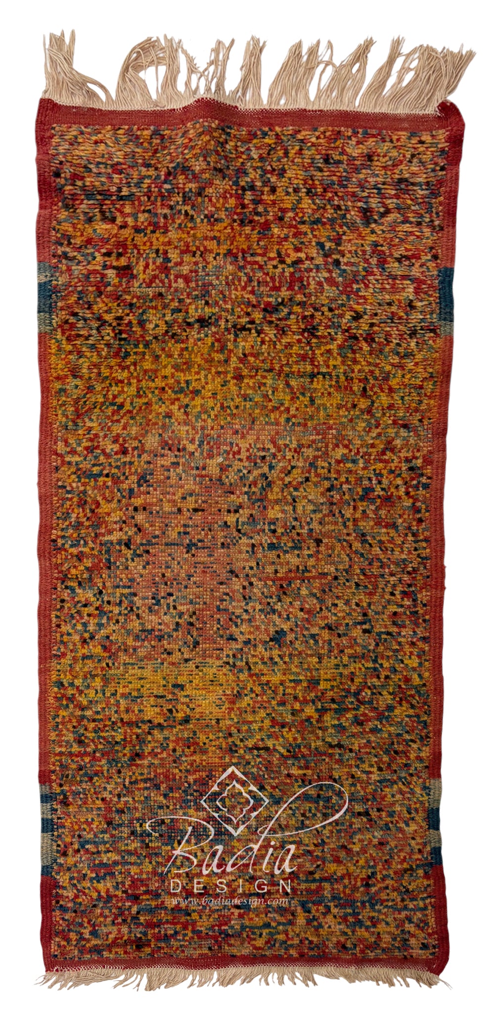 A rectangular hand-woven runner rug with fringed edges, featuring a dense multicolor pattern of red, orange, yellow, blue, and beige threads.