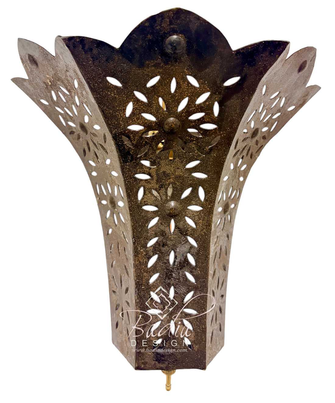 A vintage-style metal wall sconce with a distressed bronze finish and intricate floral cutouts, shown against a plain white background.