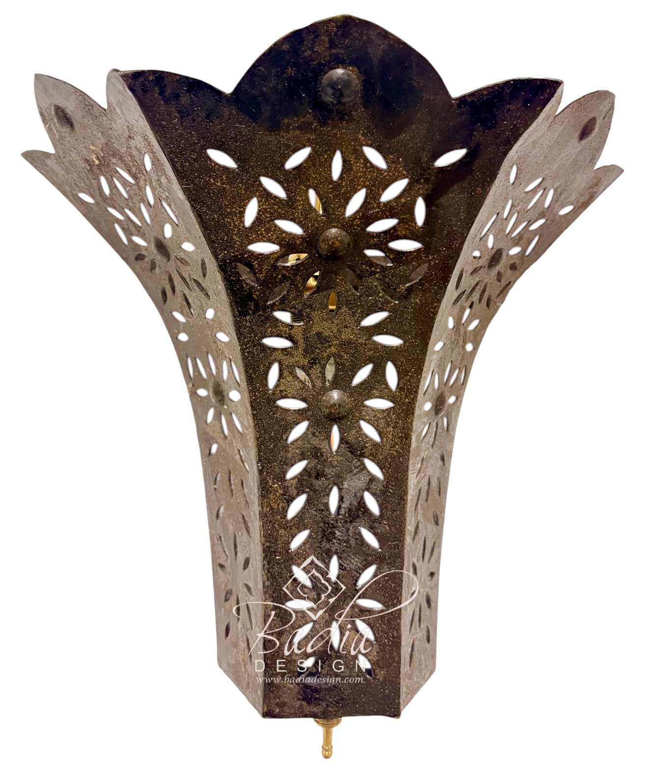 A vintage-style metal wall sconce with a distressed bronze finish and intricate floral cutouts, shown against a plain white background.