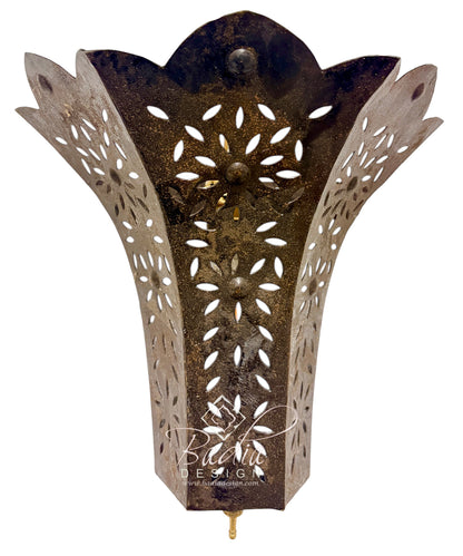 A vintage-style metal wall sconce with a distressed bronze finish and intricate floral cutouts, shown against a plain white background.